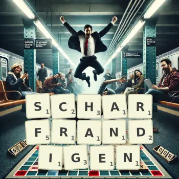 Kreative Illustration für ein Scrabble-Spiel, bei dem das Wort SCHARFRANDIGEN mit Steinen auf dem Brett gelegt wurde.