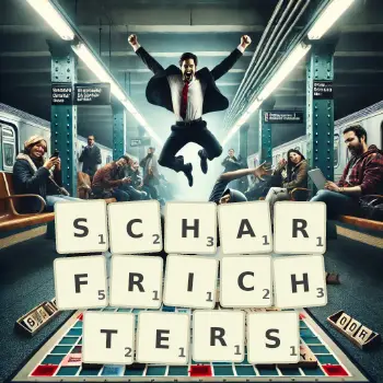 Kreative Illustration für ein Scrabble-Spiel, bei dem das Wort SCHARFRICHTERS mit Steinen auf dem Brett gelegt wurde.