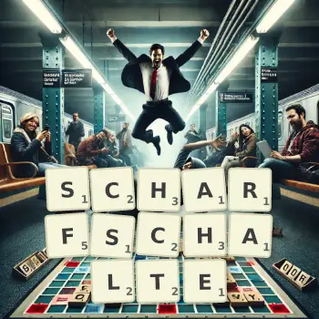 Kreative Illustration für ein Scrabble-Spiel, bei dem das Wort SCHARFSCHALTE mit Steinen auf dem Brett gelegt wurde.