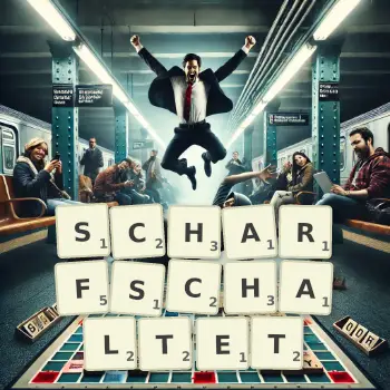 Kreative Illustration für ein Scrabble-Spiel, bei dem das Wort SCHARFSCHALTET mit Steinen auf dem Brett gelegt wurde.