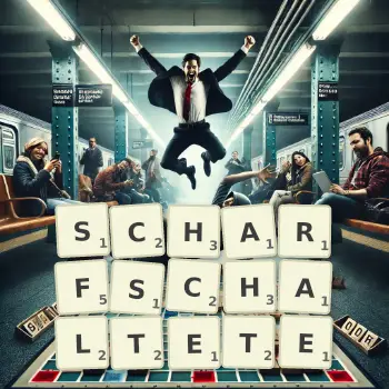 Kreative Illustration für ein Scrabble-Spiel, bei dem das Wort SCHARFSCHALTETE mit Steinen auf dem Brett gelegt wurde.