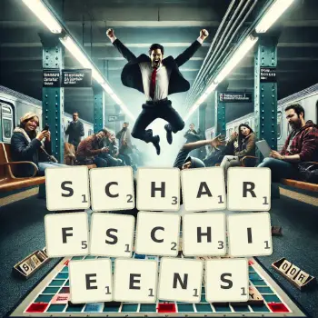 Kreative Illustration für ein Scrabble-Spiel, bei dem das Wort SCHARFSCHIEENS mit Steinen auf dem Brett gelegt wurde.