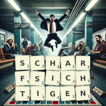 Kreative Illustration für ein Scrabble-Spiel, bei dem das Wort SCHARFSICHTIGEN mit Steinen auf dem Brett gelegt wurde.