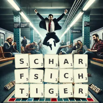 Kreative Illustration für ein Scrabble-Spiel, bei dem das Wort SCHARFSICHTIGER mit Steinen auf dem Brett gelegt wurde.