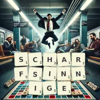 Kreative Illustration für ein Scrabble-Spiel, bei dem das Wort SCHARFSINNIGE mit Steinen auf dem Brett gelegt wurde.