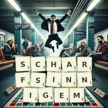 Kreative Illustration für ein Scrabble-Spiel, bei dem das Wort SCHARFSINNIGEM mit Steinen auf dem Brett gelegt wurde.