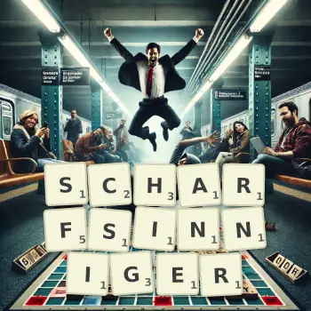 Kreative Illustration für ein Scrabble-Spiel, bei dem das Wort SCHARFSINNIGER mit Steinen auf dem Brett gelegt wurde.