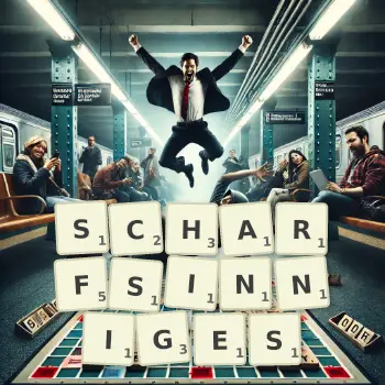 Kreative Illustration für ein Scrabble-Spiel, bei dem das Wort SCHARFSINNIGES mit Steinen auf dem Brett gelegt wurde.