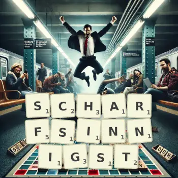 Kreative Illustration für ein Scrabble-Spiel, bei dem das Wort SCHARFSINNIGST mit Steinen auf dem Brett gelegt wurde.