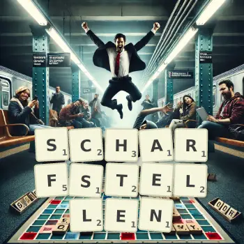 Kreative Illustration für ein Scrabble-Spiel, bei dem das Wort SCHARFSTELLEN mit Steinen auf dem Brett gelegt wurde.