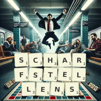 Kreative Illustration für ein Scrabble-Spiel, bei dem das Wort SCHARFSTELLENS mit Steinen auf dem Brett gelegt wurde.