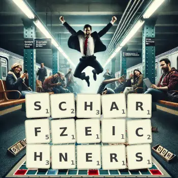 Kreative Illustration für ein Scrabble-Spiel, bei dem das Wort SCHARFZEICHNERS mit Steinen auf dem Brett gelegt wurde.