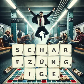 Kreative Illustration für ein Scrabble-Spiel, bei dem das Wort SCHARFZÜNGIGE mit Steinen auf dem Brett gelegt wurde.