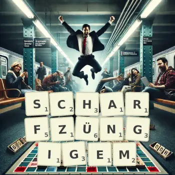 Kreative Illustration für ein Scrabble-Spiel, bei dem das Wort SCHARFZÜNGIGEM mit Steinen auf dem Brett gelegt wurde.