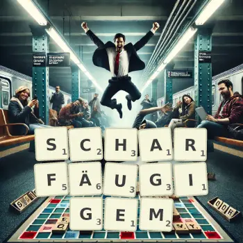 Kreative Illustration für ein Scrabble-Spiel, bei dem das Wort SCHARFÄUGIGEM mit Steinen auf dem Brett gelegt wurde.