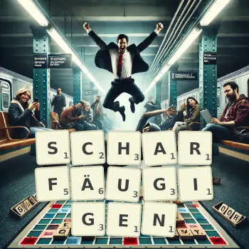 Kreative Illustration für ein Scrabble-Spiel, bei dem das Wort SCHARFÄUGIGEN mit Steinen auf dem Brett gelegt wurde.