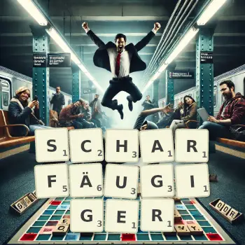 Kreative Illustration für ein Scrabble-Spiel, bei dem das Wort SCHARFÄUGIGER mit Steinen auf dem Brett gelegt wurde.