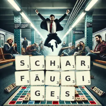 Kreative Illustration für ein Scrabble-Spiel, bei dem das Wort SCHARFÄUGIGES mit Steinen auf dem Brett gelegt wurde.