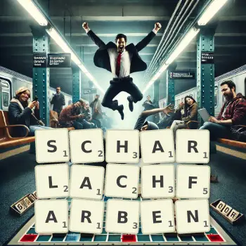 Kreative Illustration für ein Scrabble-Spiel, bei dem das Wort SCHARLACHFARBEN mit Steinen auf dem Brett gelegt wurde.