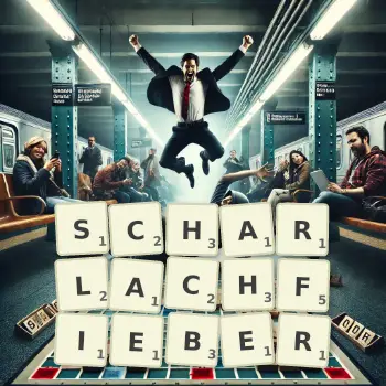 Kreative Illustration für ein Scrabble-Spiel, bei dem das Wort SCHARLACHFIEBER mit Steinen auf dem Brett gelegt wurde.