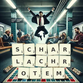 Kreative Illustration für ein Scrabble-Spiel, bei dem das Wort SCHARLACHROTEM mit Steinen auf dem Brett gelegt wurde.