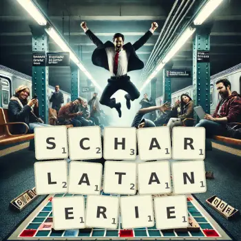 Kreative Illustration für ein Scrabble-Spiel, bei dem das Wort SCHARLATANERIE mit Steinen auf dem Brett gelegt wurde.