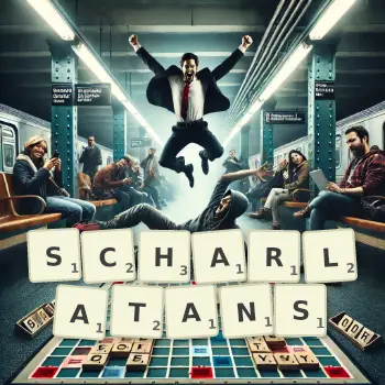 Kreative Illustration für ein Scrabble-Spiel, bei dem das Wort SCHARLATANS mit Steinen auf dem Brett gelegt wurde.
