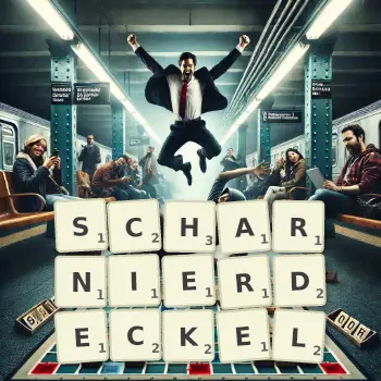 Kreative Illustration für ein Scrabble-Spiel, bei dem das Wort SCHARNIERDECKEL mit Steinen auf dem Brett gelegt wurde.
