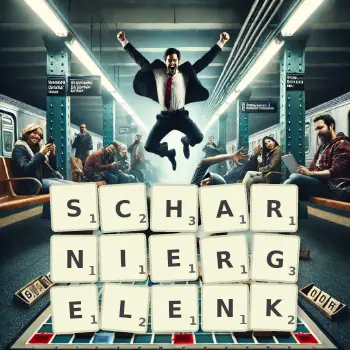 Kreative Illustration für ein Scrabble-Spiel, bei dem das Wort SCHARNIERGELENK mit Steinen auf dem Brett gelegt wurde.