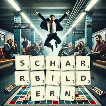 Kreative Illustration für ein Scrabble-Spiel, bei dem das Wort SCHARRBILDERN mit Steinen auf dem Brett gelegt wurde.