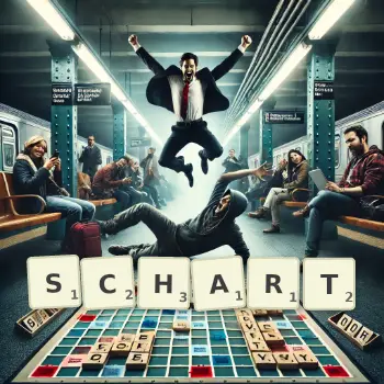 Kreative Illustration für ein Scrabble-Spiel, bei dem das Wort SCHART mit Steinen auf dem Brett gelegt wurde.