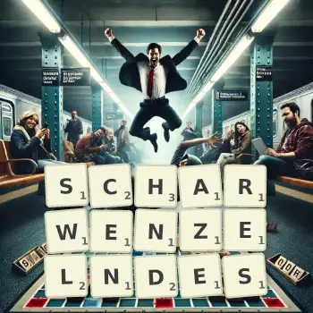 Kreative Illustration für ein Scrabble-Spiel, bei dem das Wort SCHARWENZELNDES mit Steinen auf dem Brett gelegt wurde.