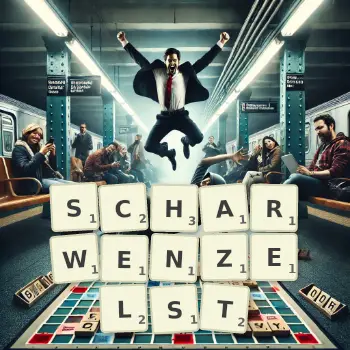 Kreative Illustration für ein Scrabble-Spiel, bei dem das Wort SCHARWENZELST mit Steinen auf dem Brett gelegt wurde.