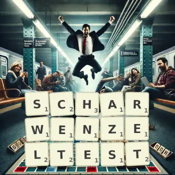 Kreative Illustration für ein Scrabble-Spiel, bei dem das Wort SCHARWENZELTEST mit Steinen auf dem Brett gelegt wurde.