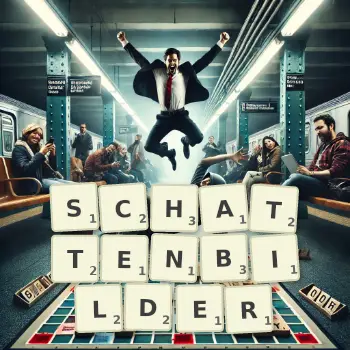 Kreative Illustration für ein Scrabble-Spiel, bei dem das Wort SCHATTENBILDER mit Steinen auf dem Brett gelegt wurde.