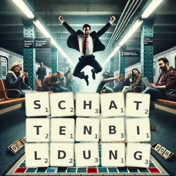 Kreative Illustration für ein Scrabble-Spiel, bei dem das Wort SCHATTENBILDUNG mit Steinen auf dem Brett gelegt wurde.
