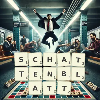Kreative Illustration für ein Scrabble-Spiel, bei dem das Wort SCHATTENBLATT mit Steinen auf dem Brett gelegt wurde.