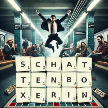 Kreative Illustration für ein Scrabble-Spiel, bei dem das Wort SCHATTENBOXERIN mit Steinen auf dem Brett gelegt wurde.