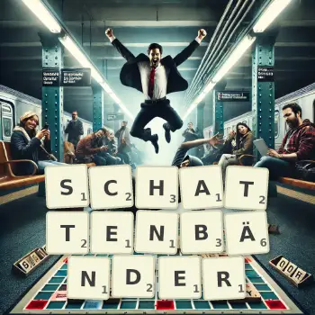 Kreative Illustration für ein Scrabble-Spiel, bei dem das Wort SCHATTENBÄNDER mit Steinen auf dem Brett gelegt wurde.