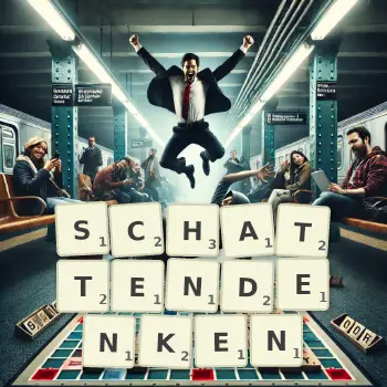 Kreative Illustration für ein Scrabble-Spiel, bei dem das Wort SCHATTENDENKEN mit Steinen auf dem Brett gelegt wurde.