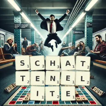 Kreative Illustration für ein Scrabble-Spiel, bei dem das Wort SCHATTENELITE mit Steinen auf dem Brett gelegt wurde.
