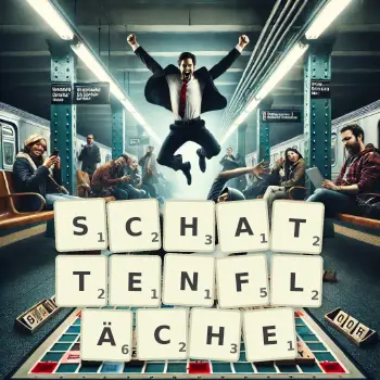 Kreative Illustration für ein Scrabble-Spiel, bei dem das Wort SCHATTENFLÄCHE mit Steinen auf dem Brett gelegt wurde.