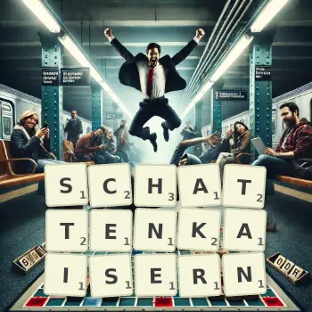 Kreative Illustration für ein Scrabble-Spiel, bei dem das Wort SCHATTENKAISERN mit Steinen auf dem Brett gelegt wurde.
