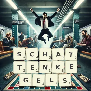Kreative Illustration für ein Scrabble-Spiel, bei dem das Wort SCHATTENKEGELS mit Steinen auf dem Brett gelegt wurde.