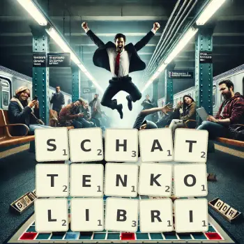 Kreative Illustration für ein Scrabble-Spiel, bei dem das Wort SCHATTENKOLIBRI mit Steinen auf dem Brett gelegt wurde.