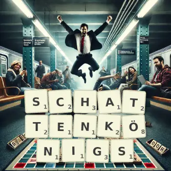 Kreative Illustration für ein Scrabble-Spiel, bei dem das Wort SCHATTENKÖNIGS mit Steinen auf dem Brett gelegt wurde.