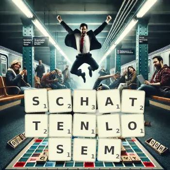 Kreative Illustration für ein Scrabble-Spiel, bei dem das Wort SCHATTENLOSEM mit Steinen auf dem Brett gelegt wurde.