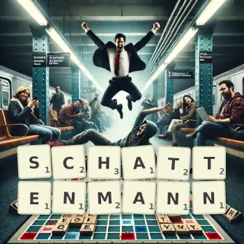 Kreative Illustration für ein Scrabble-Spiel, bei dem das Wort SCHATTENMANN mit Steinen auf dem Brett gelegt wurde.