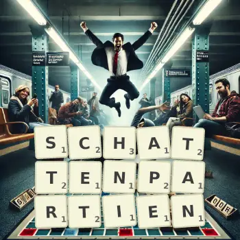Kreative Illustration für ein Scrabble-Spiel, bei dem das Wort SCHATTENPARTIEN mit Steinen auf dem Brett gelegt wurde.