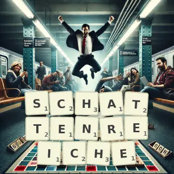 Kreative Illustration für ein Scrabble-Spiel, bei dem das Wort SCHATTENREICHE mit Steinen auf dem Brett gelegt wurde.
